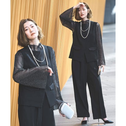 ルイルエブティック RUIRUE BOUTIQUE フロントスリットジレ＆ラメトップス＆タックワイドパンツ3点セットアップ （ブラック）