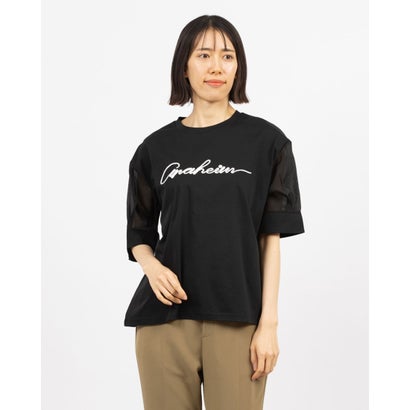 アンナニコラ Anna Nicola 吊りひも刺しゅうロゴタイプ袖シアープルオーバー （黒いこと） トップス-Tシャツ・カットソー-レディースファッション