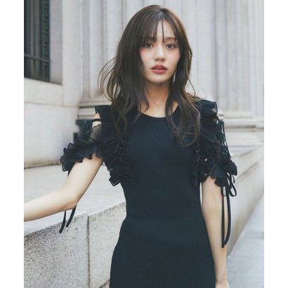 トッコクローゼット tocco closet リボン付きシフォンプリーツフリル切り替えリブニットワンピース