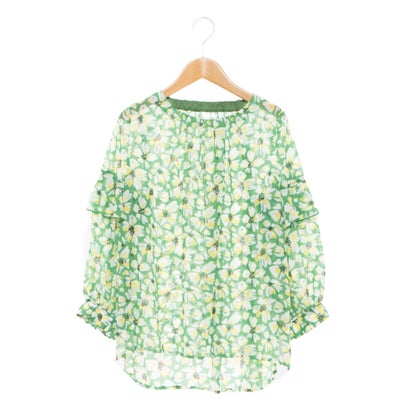 ミ・デゥー mi･deu･･･ 花柄シフォン袖フリル切替ブラウス （グリーン）