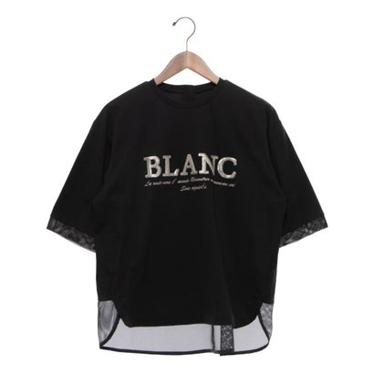 エグランティーヌ EGLANTINE BLANC スパンコールロゴTシャツ メッシュ切り替えバックファスナー半袖カットソー （ブラック）