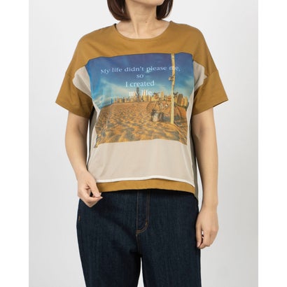 ブローディア BRODIAEA オーガンジー転写プリント 配色切り替え半袖Tシャツ （マスタード）