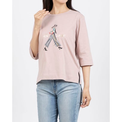 ブローディア BRODIAEA ハイブリットコットン ウーマンイラストプリント5分袖Tシャツ （ピンク）