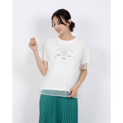 アンナニコラ Anna Nicola チュールレイヤード バレエコア リボンイラストプリント半袖Tシャツ （オフホワイト）