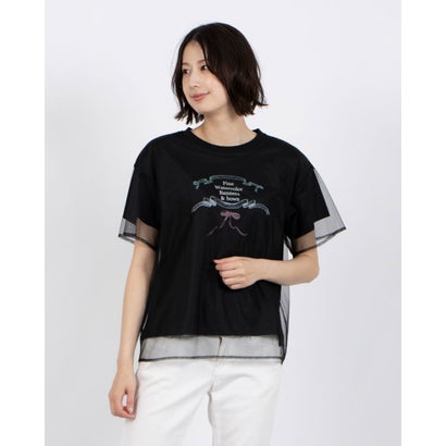 アンナニコラ Anna Nicola チュールレイヤード バレエコア リボンイラストプリント半袖Tシャツ （ブラック）