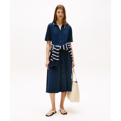 トミー ヒルフィガー TOMMY HILFIGER ボタンニーフレアショートスリーブポロワンピース （ネイビー）
