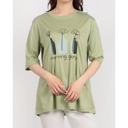ブローディア BRODIAEA 線画フラワープリント半袖Tシャツ （ライトグリーン）