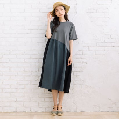 控え選手表どおり マイ判定基準 sabstreet my standard 9号・15号(M・3L) 異原材料コンビカラーブロックワンピース （濃灰色）