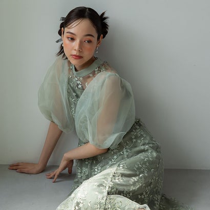 フォルムフォルマ form forma 【小柄さんに人気】オーガンジーパフスリーブ フラワー刺繍レースドレス/結婚式/パーティー/クルージング/発表会 （グリーン）