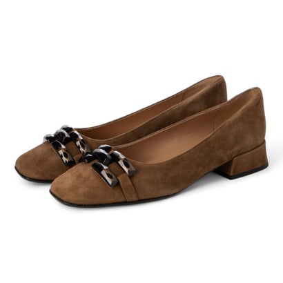 インターショシュール INTER-CHAUSSURES スクエアトウローヒールバックルパンプス （ブラウンスウェード）