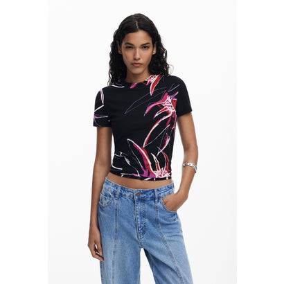 デシグアル Desigual 抽象的な花柄のTシャツ （グレー/ブラック）