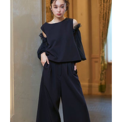 ルイルエブティック RUIRUE BOUTIQUE オケージョンドレス 結婚式 前後2WAY 洗える ｜ バックコンシャストップス ＆ タックワイドパンツ ドレス ( チュールつけ袖付き ) ｜ パンツドレス 美脚効果