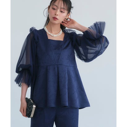 ルイルエブティック RUIRUE BOUTIQUE オケージョンドレス 結婚式 前後2WAY 洗える | ジャカード タック フレアトップス & テーパードパンツ ドレス ( チュールつけ袖 付き ) | パンツドレス 美|LOCOMALL(ロコンド公式ストア)