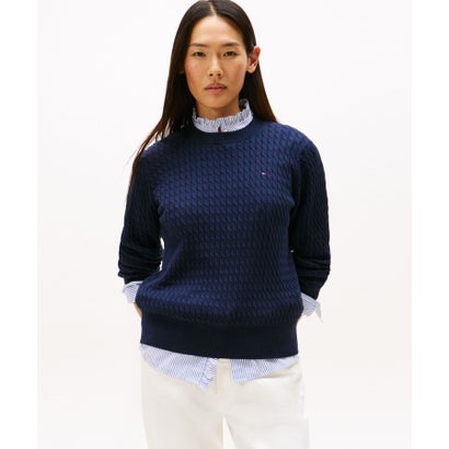 トミー ヒルフィガー TOMMY HILFIGER コットンケーブルファインゲージロングスリーブセーター （ブルー）