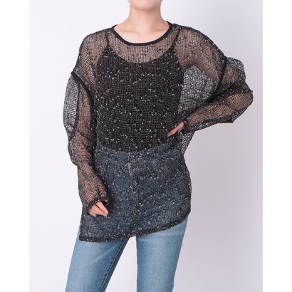 ヒューマンセカンドオケージョン Human 2nd Occasion カットメッシュクルーネックプルオーバー （黒いこと） レディースファッション-シャツ・ブラウス