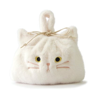 ウーヴン WOVEN もこもこネコ2WAY巾着バッグ fur-nekoface-bag-wh （WHITE）
