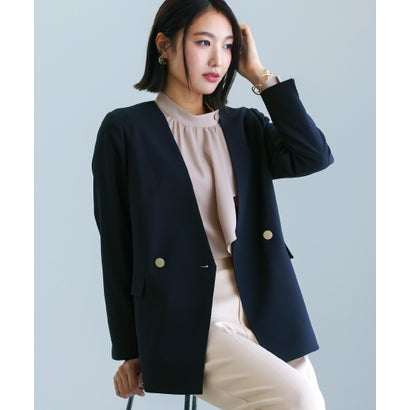 ホワイトジョーラ WHITE JOOLA 【洗える 】 ツイルノーカラーダブルジャケット （ネイビー） 6,804円