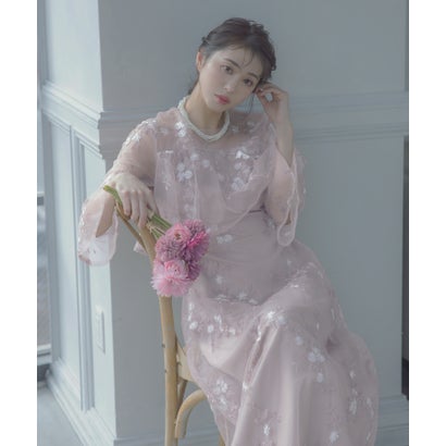 パーティードレス フラワーチュール デコルテシアー ロングスカート 七分袖 ベルスリーブ 結婚式 ワンピース（ダスティピンク）｜LOCOMALL（ロコンド公式ストア）
