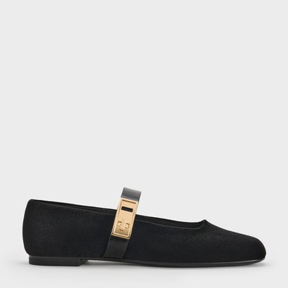 Lando 地びた メタリックバックルメリージェーンフラット （Black Textured）