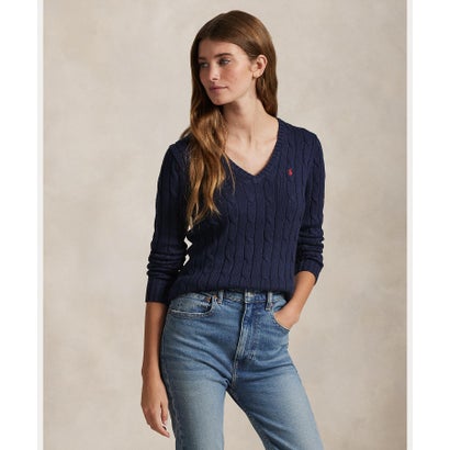ポロ ラルフ 置き目レン POLO RALPH LAUREN 有線テレビ編み物 綿織物 V素っ首 スウェーター （400青み）