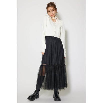 ニットカーディガンセットドットチュールフレアワンピース WHT