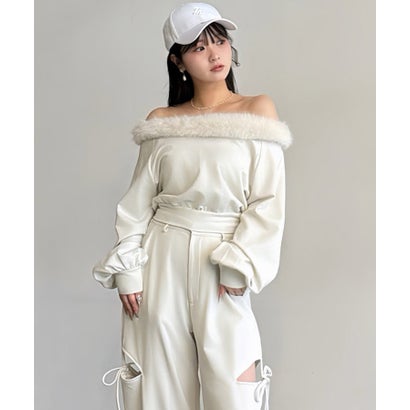 ロイヤル寄りあい ROYAL PARTY 毛皮付ラメ裏毛オフショルダートップス （象牙色）
