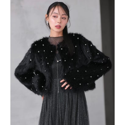 ルイルエブティック RUIRUE BOUTIQUE パール × エコファー フラッフィー パーティー ジャケット ｜ アウター / ファーコート / コート / ショートコート / エコファーコート （ブラック）