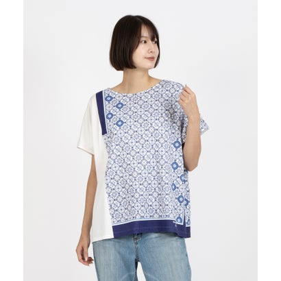 レリアン Leilian 幾何学柄切替Tシャツ【ROCHAS Premiere】 （ロイヤルブルー）