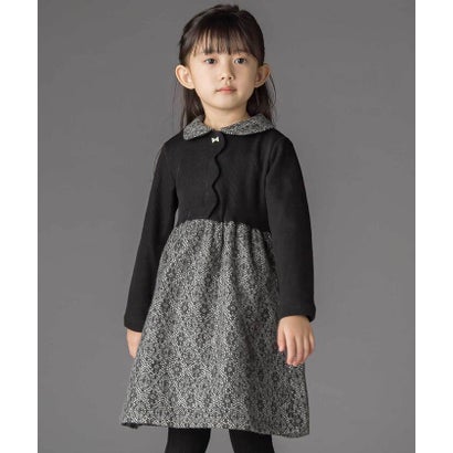 ベベ プチ ポワ ヴェール BeBe Petits Pois Vert ニットリブ+レース起毛ドッキング長袖ワンピース(95~150cm) （ブラック系）