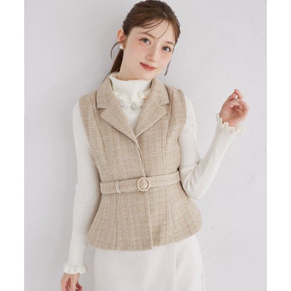 トッコクローゼット tocco closet パールバックルベルト付きツイードジレ