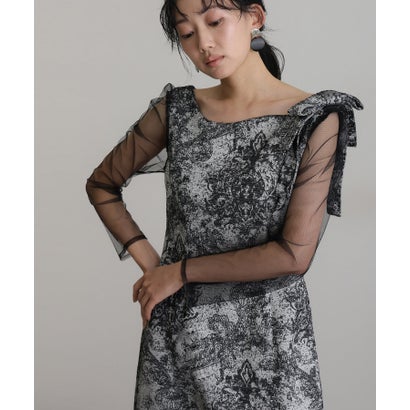 プールヴー PourVous 袖あり\u0026ミモレ丈同窓会成人式ショルダーリボン ジャガード Vカット チュールお呼ばれ結婚式二次会フォーマルオケージョンドレスパーティードレス フォーマル ワンピー
