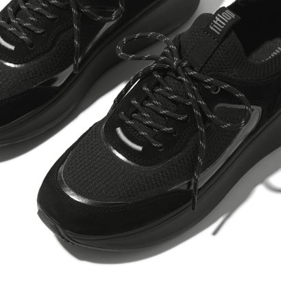 フィットフロップ fitflop F-MODE SUEDE/KNIT FLATFORM SLIP-ON LACED SNEAKERS （All Black）