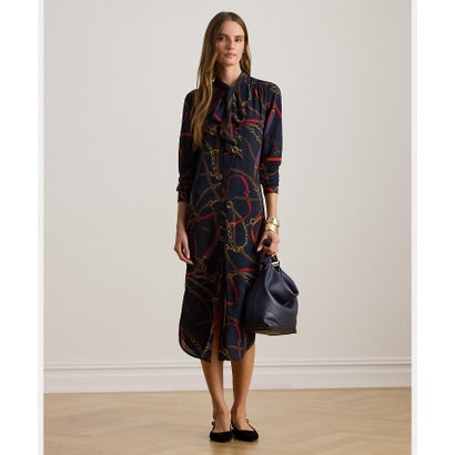 ローレン ラルフ ローレン LAUREN RALPH LAUREN プリント ジョーゼット タイネック シャツドレス （410ネイビー）