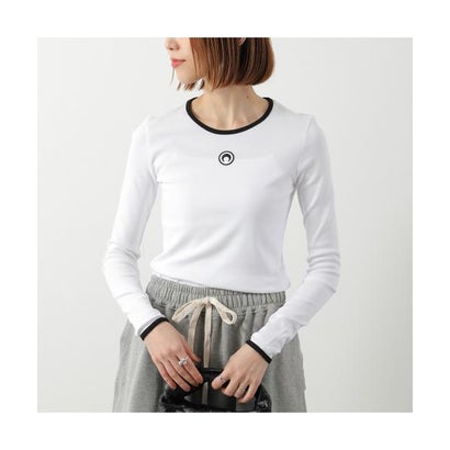 米国海兵隊員 独居室 MARINE SERRE Marine Serre 長袖ティーシャツ Moon Logo Bicolor Jersey Ls T-Shirt （WH11/WHITE/BLACK）