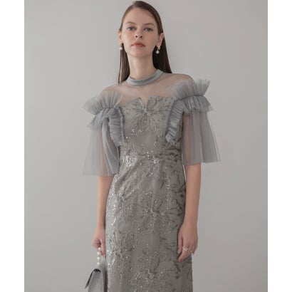 レジャ Leja チュールフリルショルダーシアーIラインワンピースドレス美脚効果結婚式 パーティードレス 成人式 二次会 同窓会 お呼ばれ オケージョン 20代 30代 40代 （GRAY）