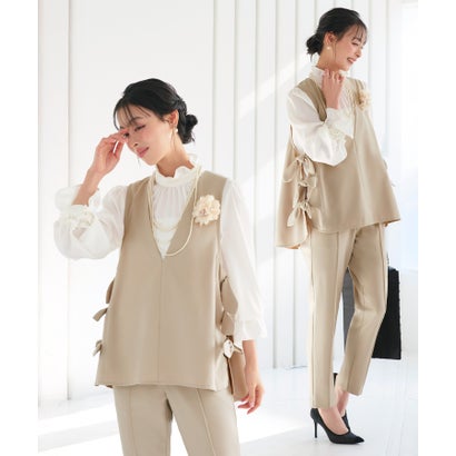 ルイルエブティック RUIRUE BOUTIQUE ストレッチ 洗える ｜ 【 3点set 】 ゆる洒落・サイドリボン ジレ ＆ スリム テーパードパンツ フリルブラウス 付き ｜ セレモニースーツ・ママスーツ・パン