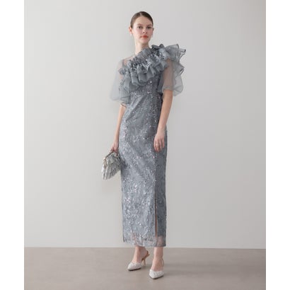 レジャ Leja 3WAYチュールラッフルフラワースパンコールIラインワンピースドレス2点セット 美脚効果結婚式 パーティードレス 成人式 二次会 同窓会 お呼ばれ オケージョン 20代 30代 40代 （GRAY