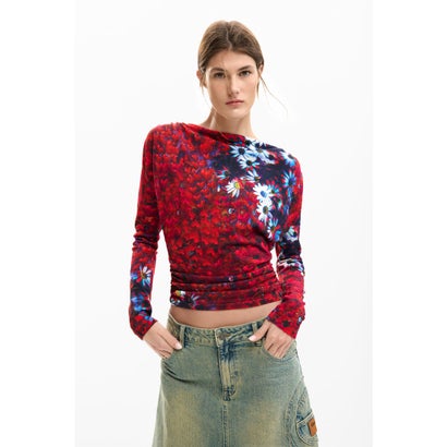 デシグアル Desigual フラワーハート長袖カットソー （ピンク/レッド）