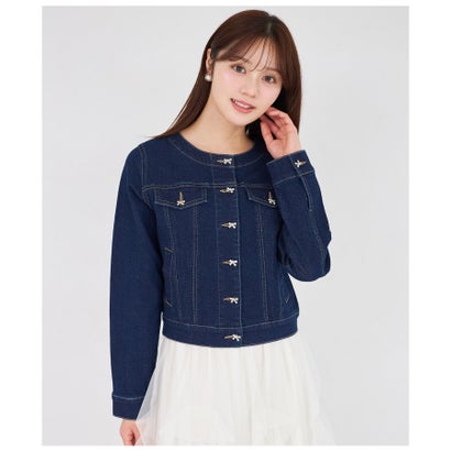 トッコクローゼット tocco closet ビジューリボン釦ノーカラーデニムジャケット 5,336円