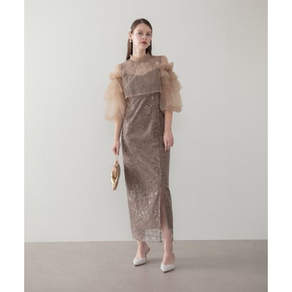 レジャ Leja フリルチュールスパンコールフローラルIラインワンピースドレス2点セット 美脚効果結婚式 パーティードレス 成人式 二次会 同窓会 お呼ばれ オケージョン 20代 30代 40代 （COFFEE