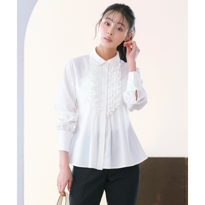 ルイルエブティック RUIRUE BOUTIQUE 洗える ｜ フリル ＆ タックシャツブラウス（オフホワイト）｜ トップス・シャツ・オケージョンブラウス・長袖ブラウス・きれいめブラウス・オフィスカ