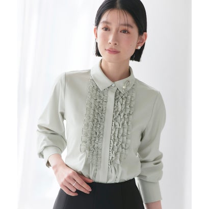 ルイルエブティック RUIRUE BOUTIQUE 洗える ｜ フリル ＆ タックシャツブラウス （ライトグレー）｜ トップス・シャツ・オケージョンブラウス・長袖ブラウス・きれいめブラウス・オフィスカ