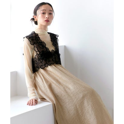 オケージョン 結婚式ドレス ｜ 前後2WAY シアー リボン ジレ ＆ リップル フレア ワンピース ドレス ｜ パーティードレス・オケージョンドレス・お呼ばれドレス （ゴールド）