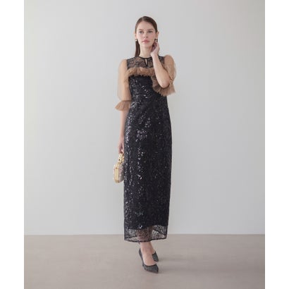 レジャ Leja チュールギャザーフラワースパンコールIラインワンピースドレス美脚効果結婚式 パーティードレス 成人式 二次会 同窓会 お呼ばれ オケージョン 20代 30代 40代 (BLACK)