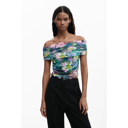 デシグアル Desigual ボートネックの花柄Tシャツ （グリーン）