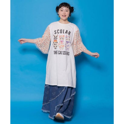 スカラー ScoLar おしゃれネコシスターズ チュール重ね袖ワンピース （オフホワイト）