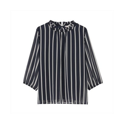 トーキョーシャツ TOKYO SHIRTS ストライプシフォン ブラウス 七分袖 レディース （ネイビー）