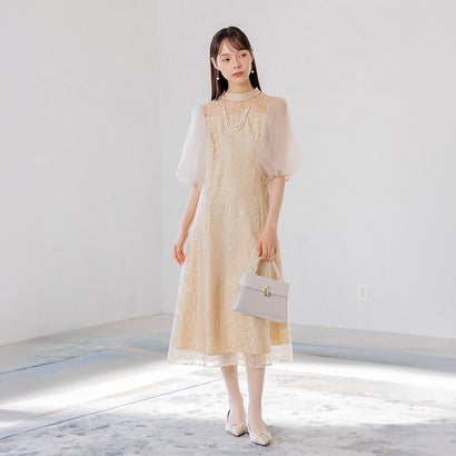 フォルムフォルマ form forma 【小柄さんに人気】オーガンジーパフスリーブ フラワー刺繍レースドレス/結婚式/パーティー/クルージング/発表会 （イエロー）