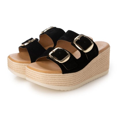 オー マイ サンダルズ Oh my Sandals ダブルバックル厚底ウエッジサンダル （ブラックスウェード）｜LOCOMALL（ロコンド公式ストア）