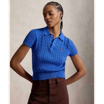 ポロ ラルフ 置き目レン POLO RALPH LAUREN 有線テレビ編み物 綿織物 クロップド スポーツシャツ （400青碧）